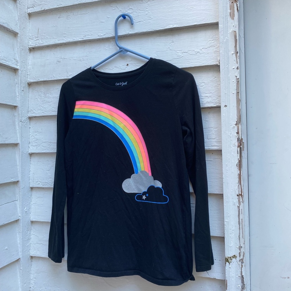 🏷️ Cat & Jack Black Long Sleeve Tee with Sparkly Rainbow Graphic 🌈🦄🌦️